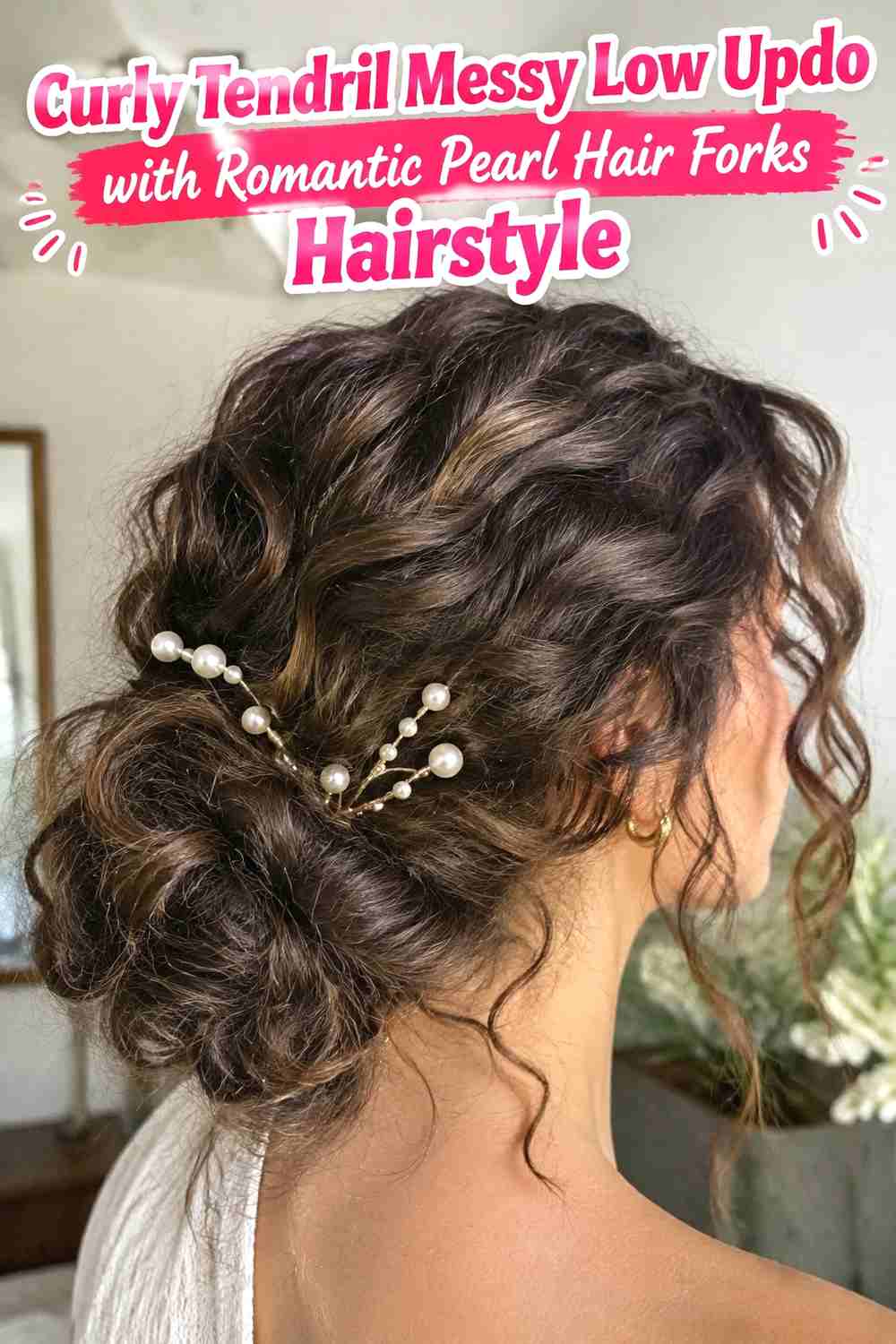 6. Curly Tendril Messy Low Updo With Romantic Pearl Hair Forks Hairstyle