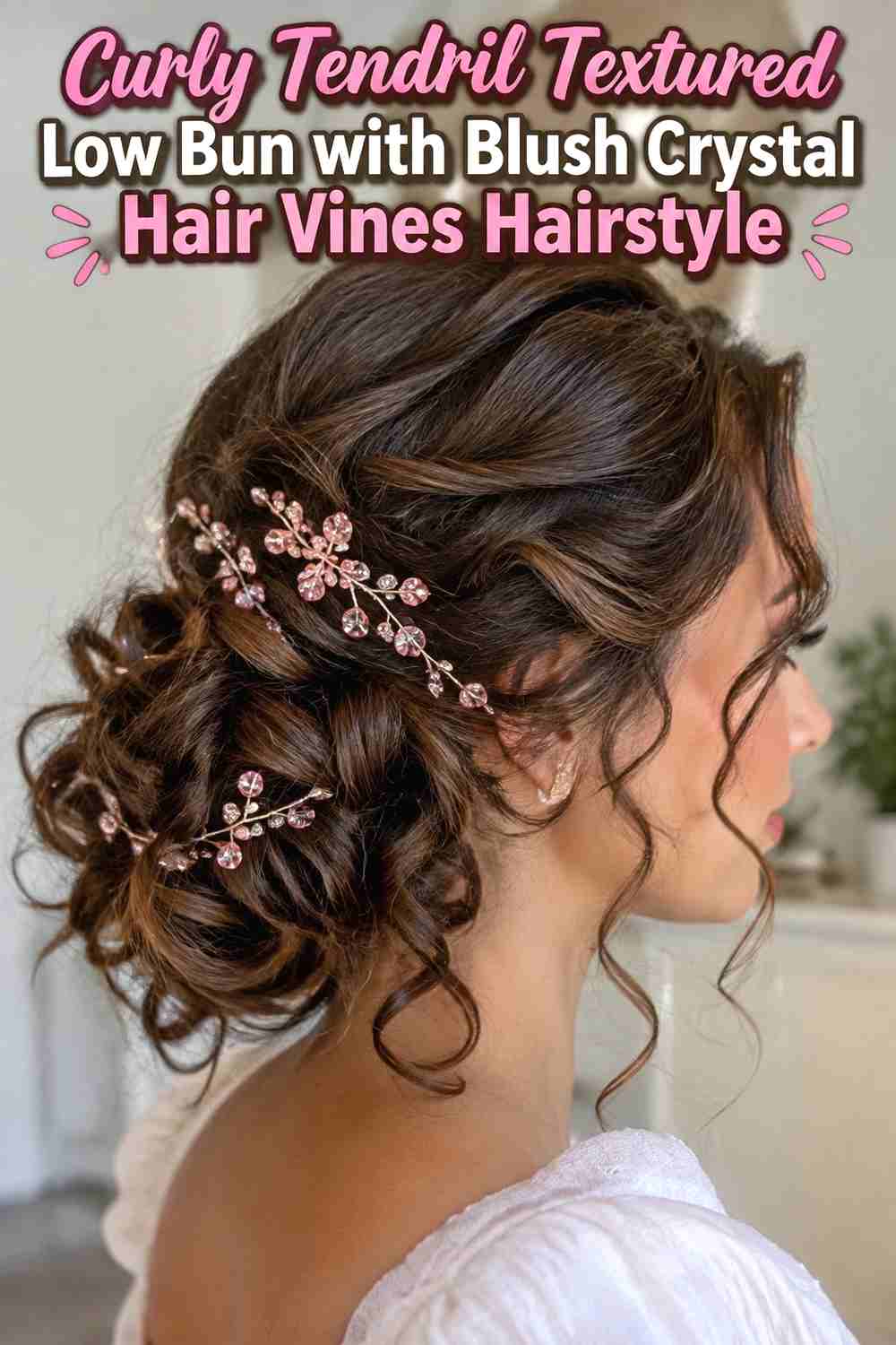 5. Curly Tendril Textured Low Bun With Blush Crystal Hair Vines Hairstyle