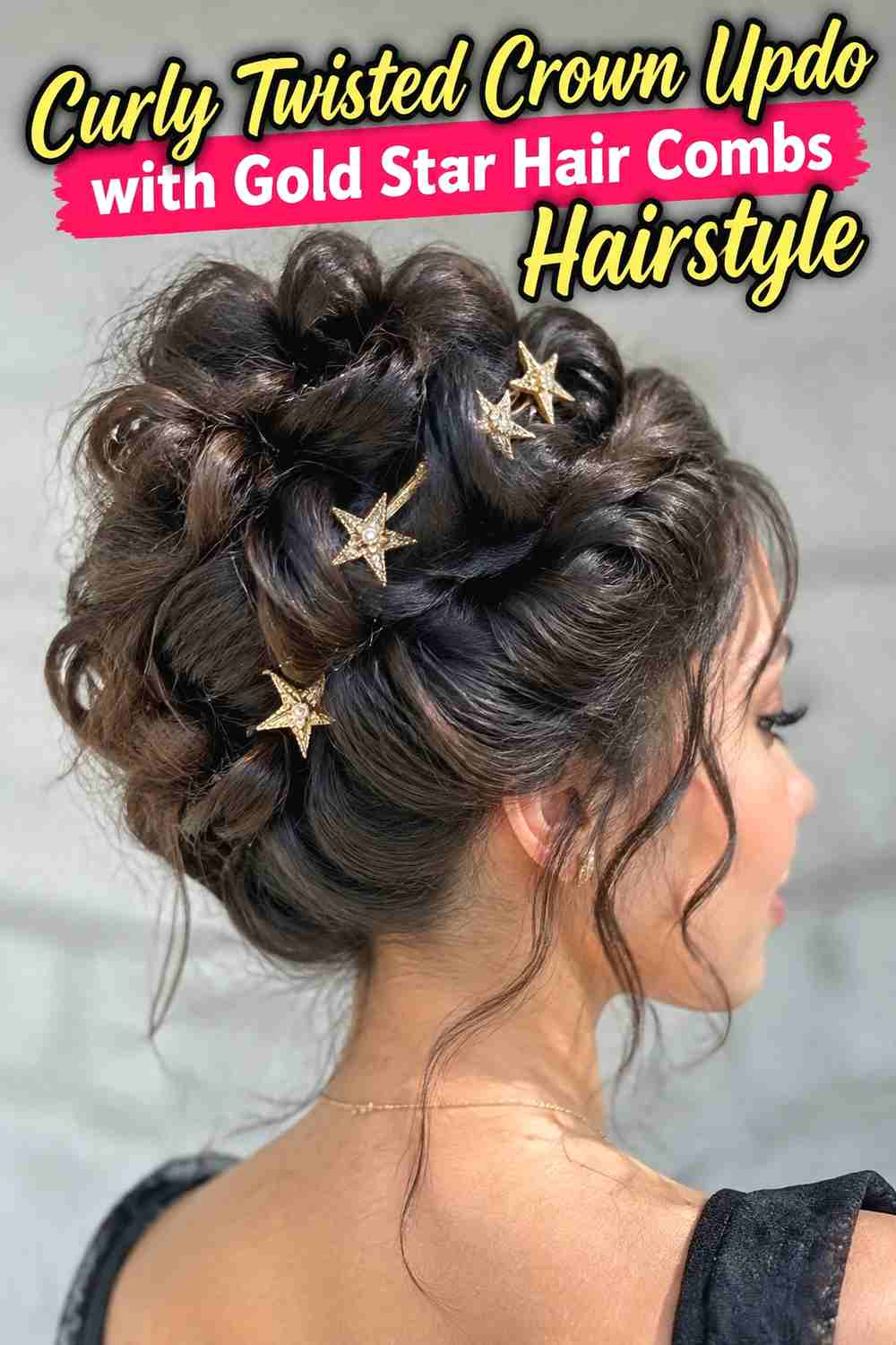 5. Curly Twisted Crown Updo With Gold Star Hair Combs Hairstyle