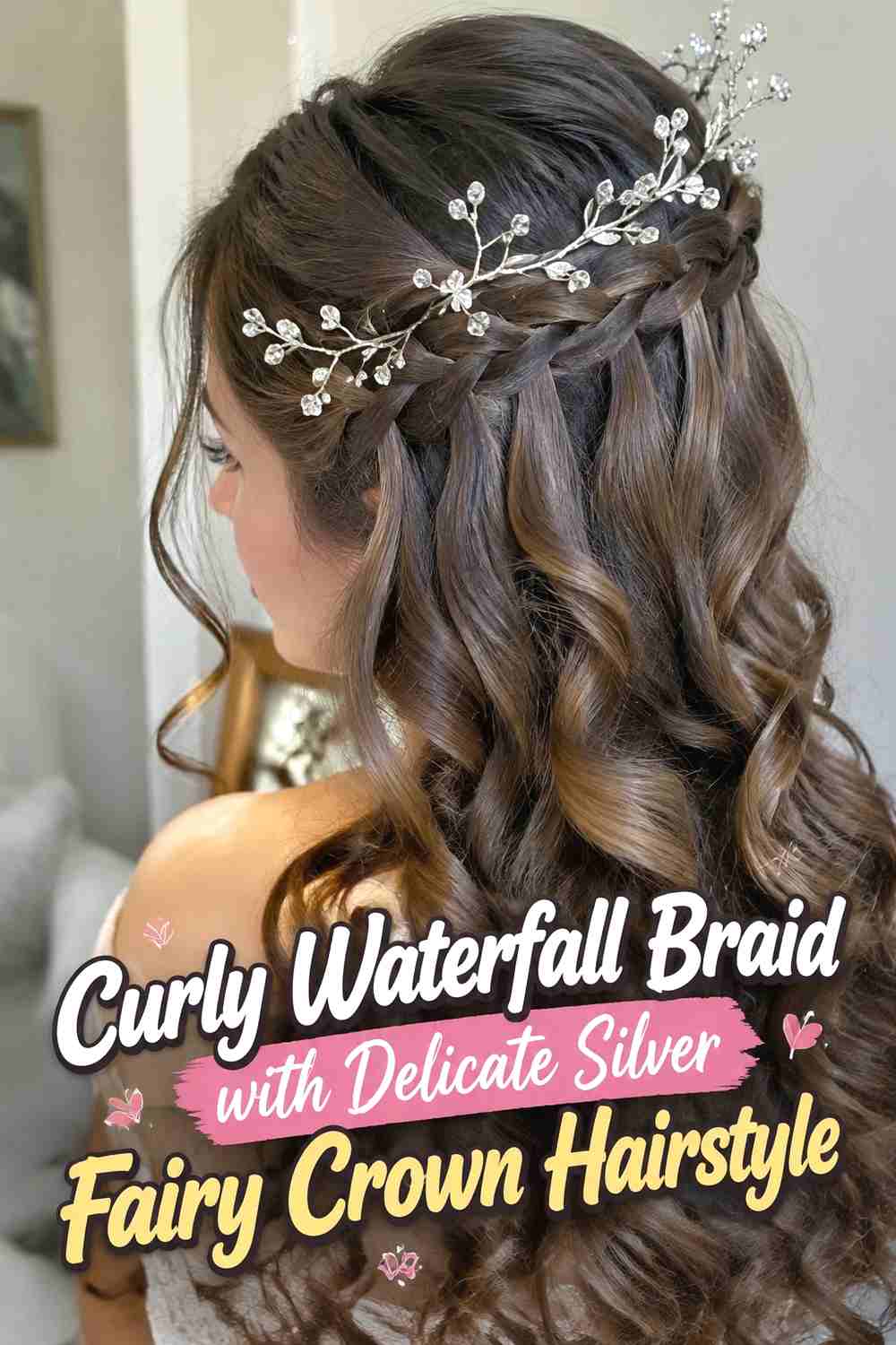 5. Curly Waterfall Braid With Delicate Silver Fairy Crown Hairstyle