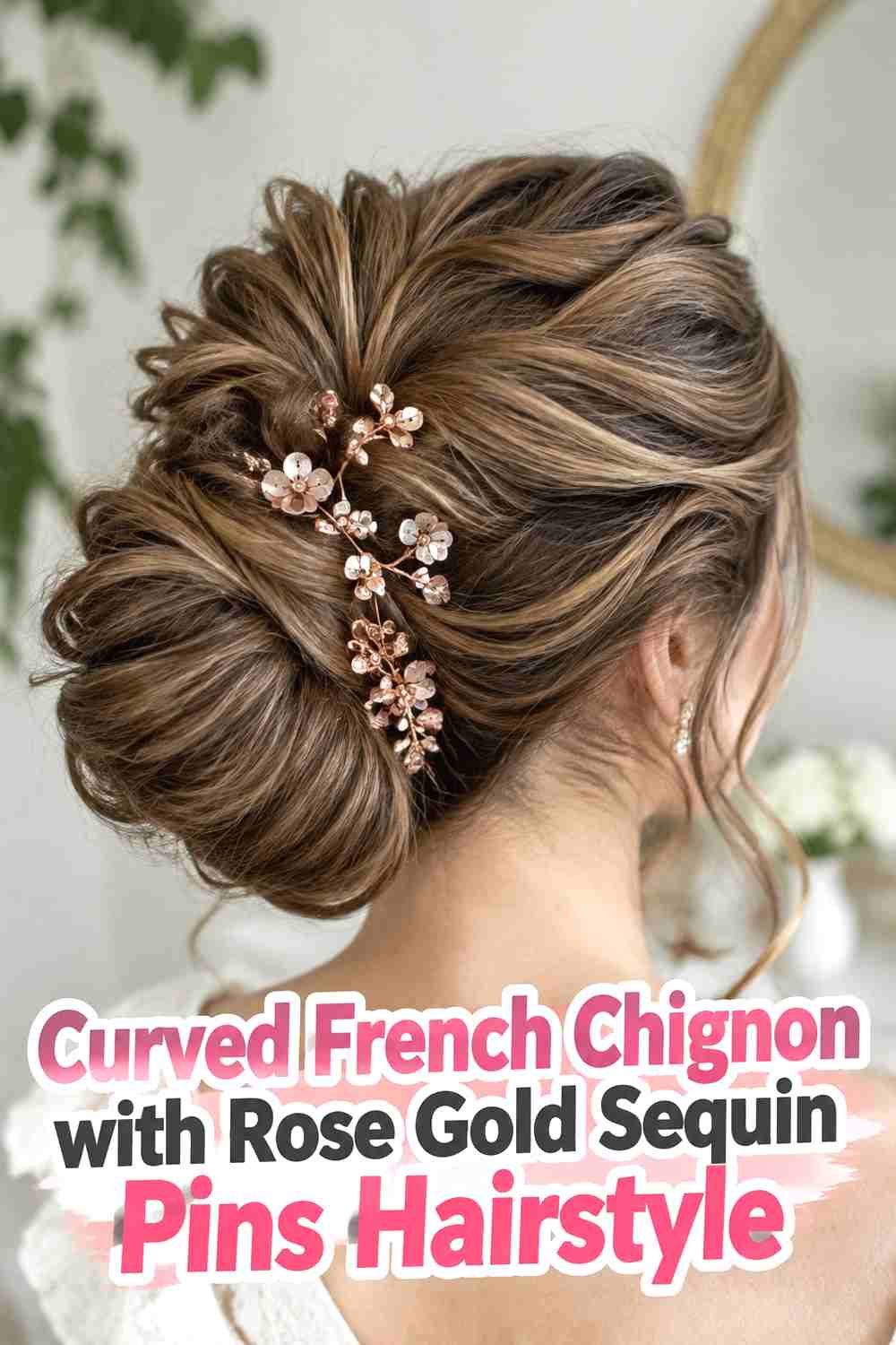 18. Curved French Chignon With Rose Gold Sequin Pins Hairstyle