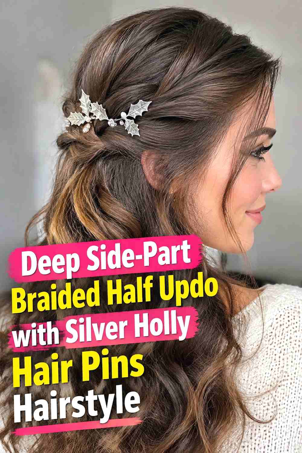 2. Deep Side Part Braided Half Updo With Silver Holly Hair Pins Hairstyle
