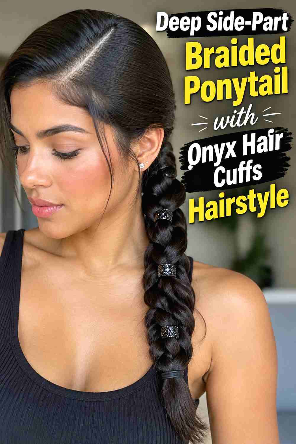 3. Deep Side Part Braided Ponytail With Onyx Hair Cuffs Hairstyle
