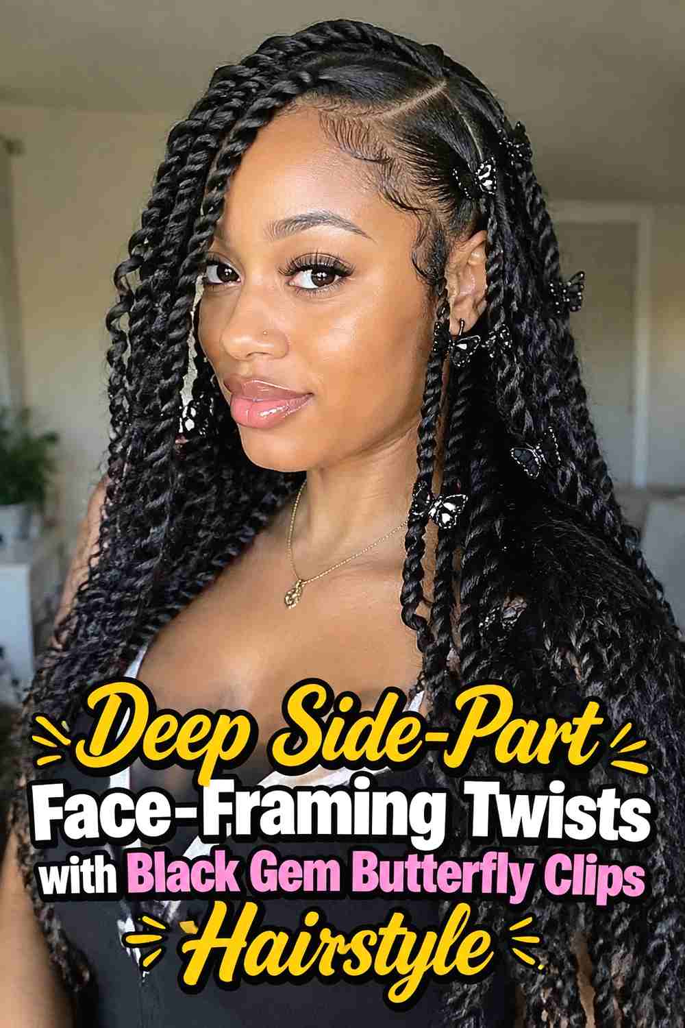 3. Deep Side Part Face Framing Twists With Black Gem Butterfly Clips Hairstyle