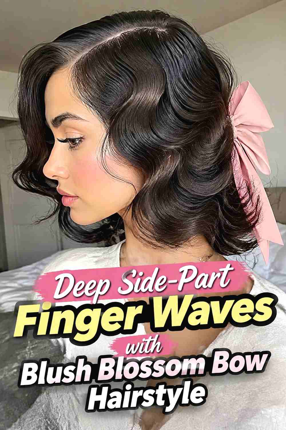 2. Deep Side Part Finger Waves With Blush Blossom Bow Hairstyle