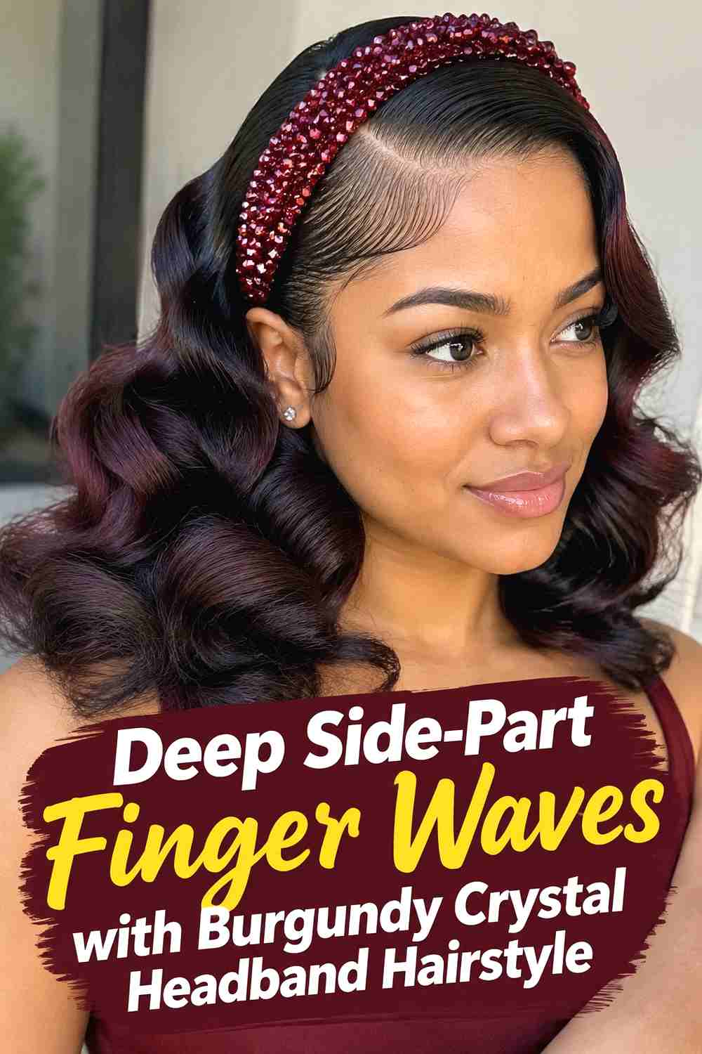 2. Deep Side Part Finger Waves With Burgundy Crystal Headband Hairstyle