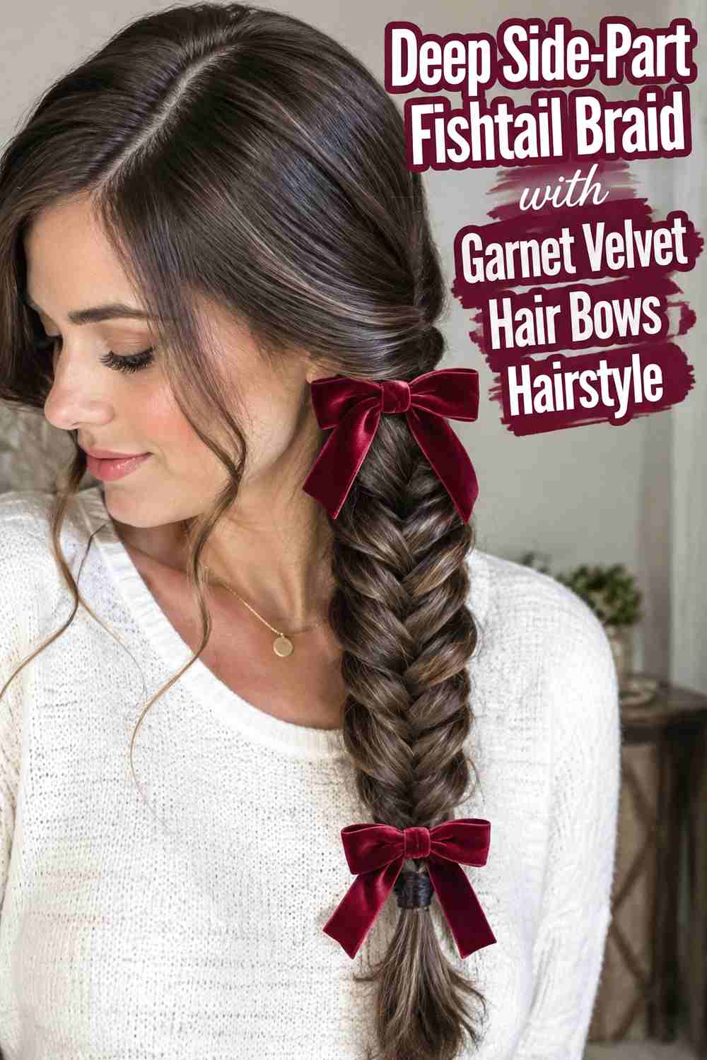 7. Deep Side Part Fishtail Braid With Garnet Velvet Hair Bows Hairstyle