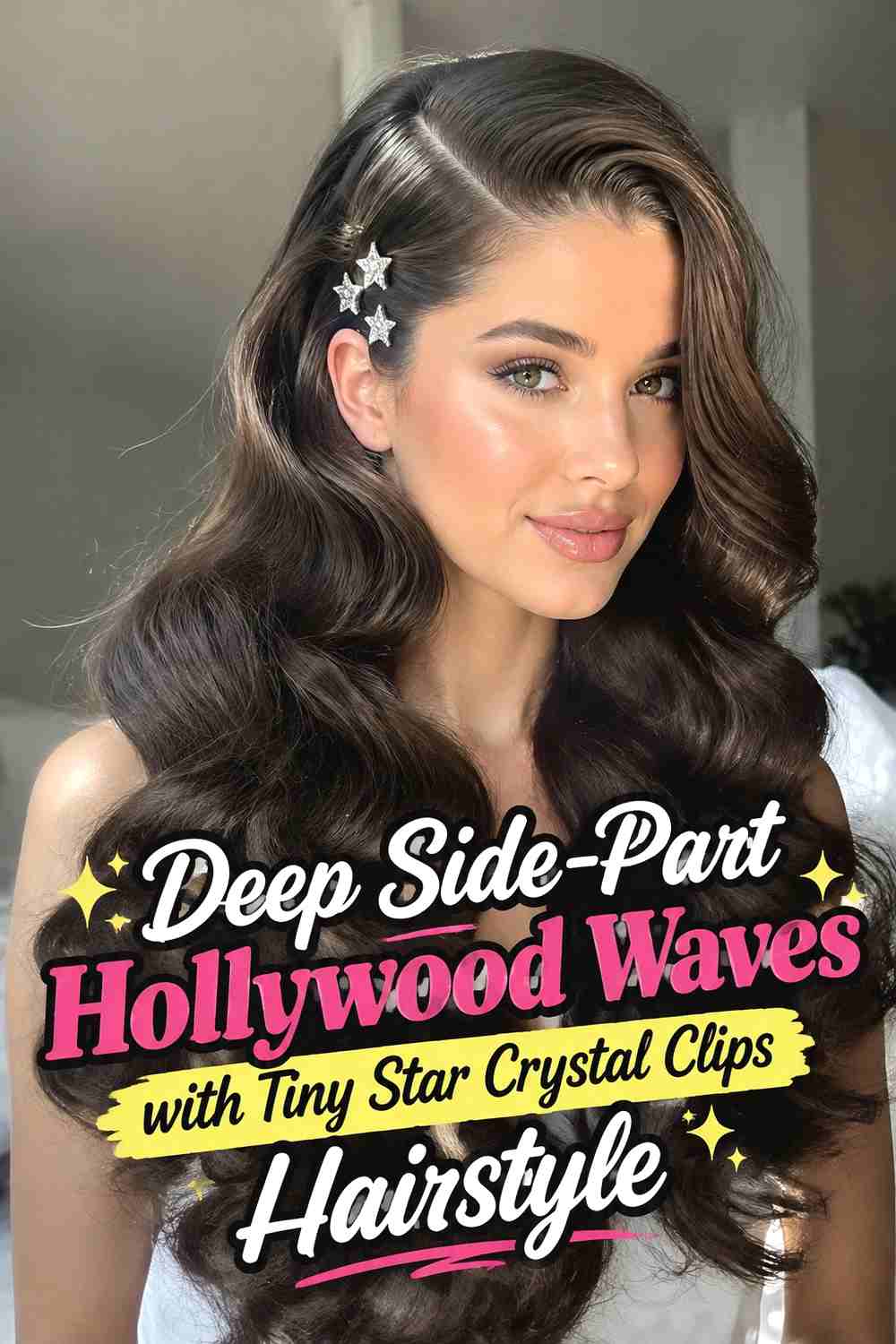 2. Deep Side Part Hollywood Waves With Tiny Star Crystal Clips Hairstyle