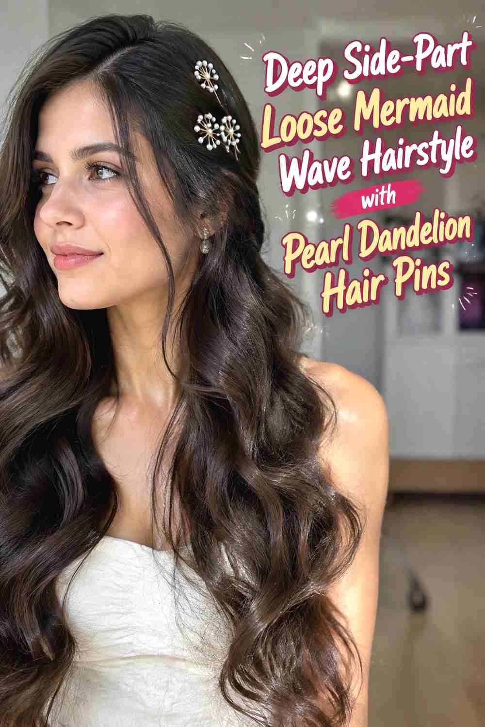 2. Deep Side Part Loose Mermaid Wave Hairstyle With Pearl Dandelion Hair Pins