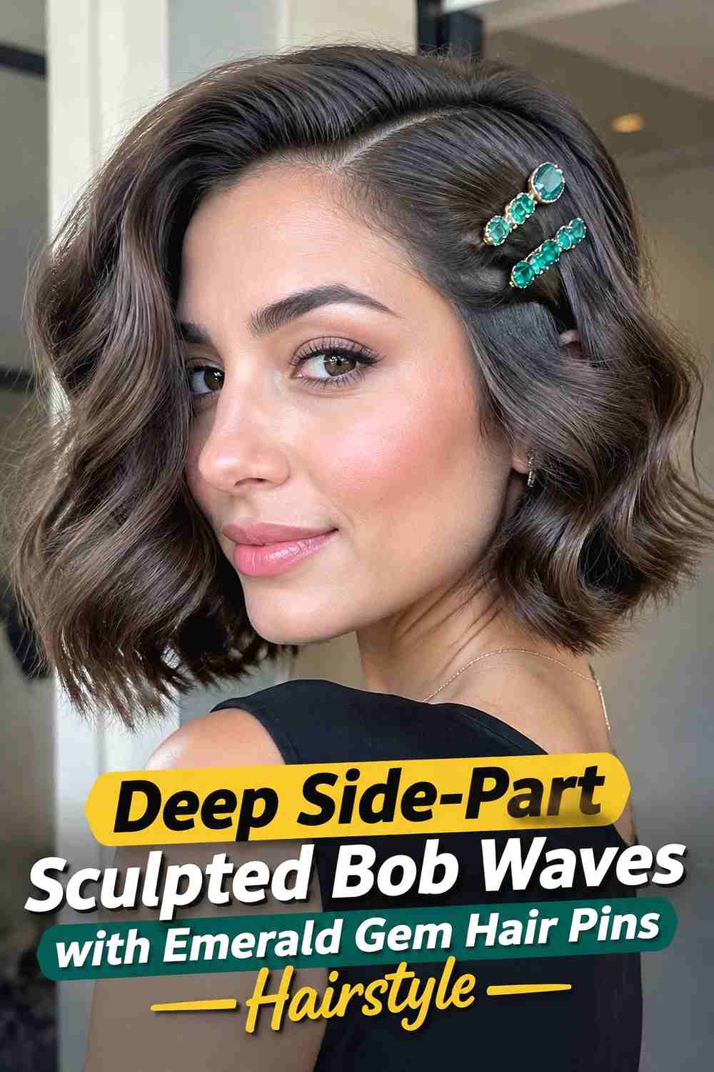 3. Deep Side Part Sculpted Bob Waves With Emerald Gem Hair Pins Hairstyle
