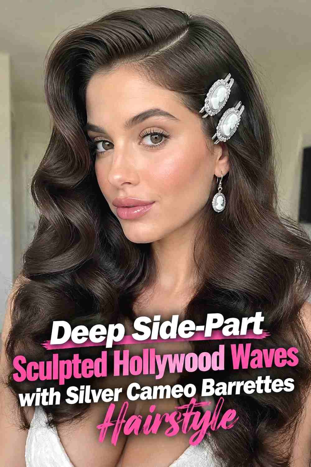 2. Deep Side Part Sculpted Hollywood Waves With Silver Cameo Barrettes Hairstyle