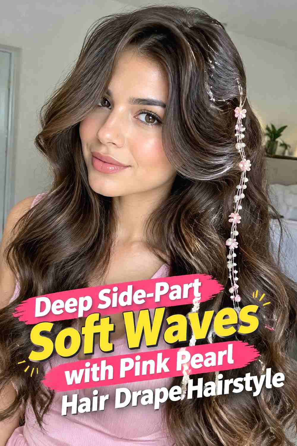 2. Deep Side Part Soft Waves With Pink Pearl Hair Drape Hairstyle