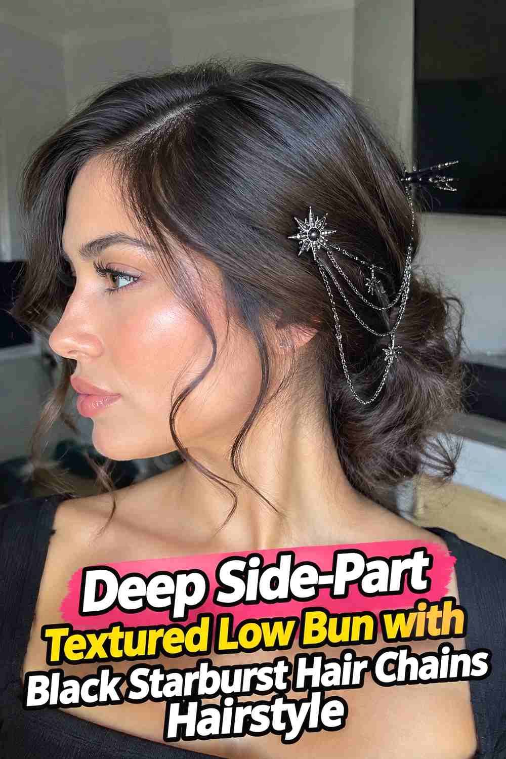 8. Deep Side Part Textured Low Bun With Black Starburst Hair Chains Hairstyle