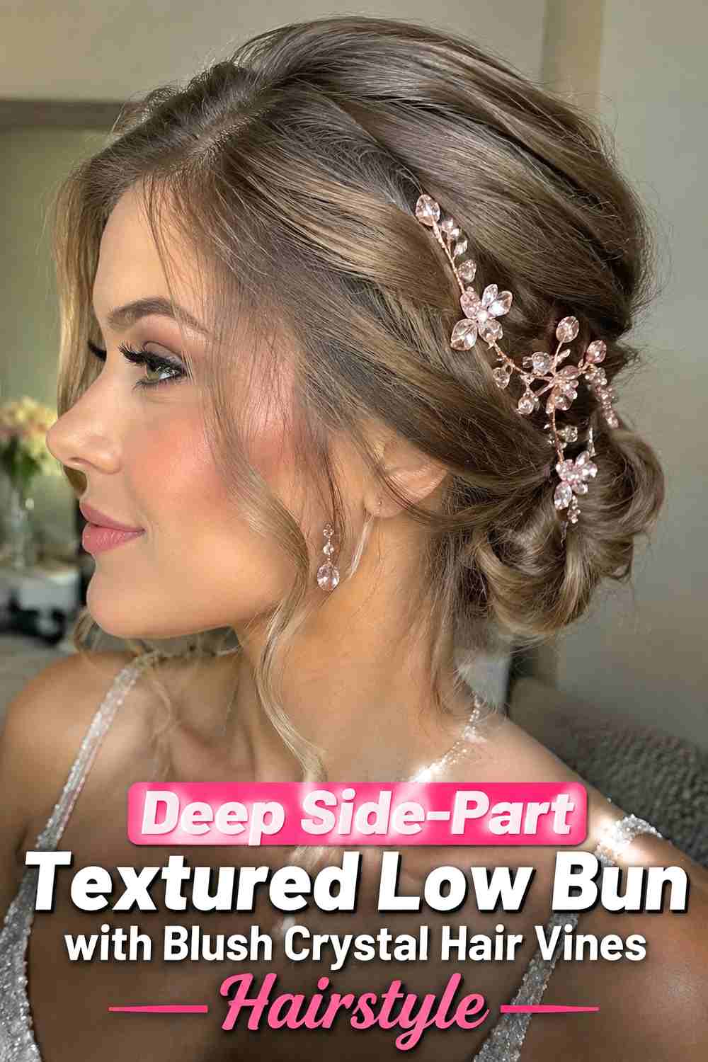 8. Deep Side Part Textured Low Bun With Blush Crystal Hair Vines Hairstyle