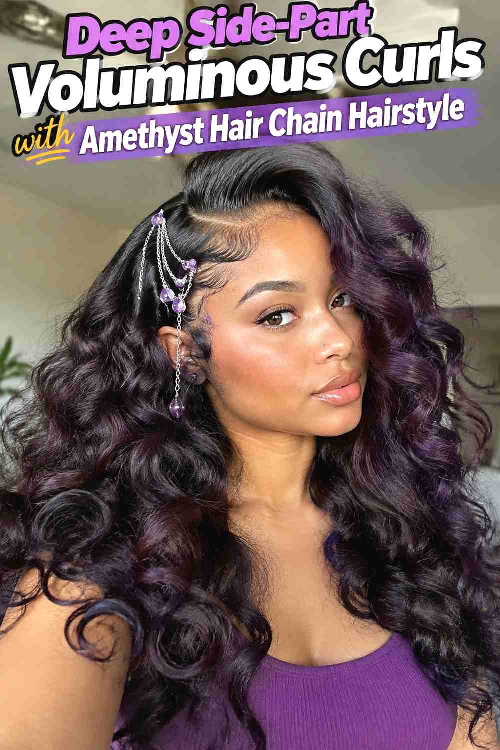 2. Deep Side Part Voluminous Curls With Amethyst Hair Chain Hairstyle