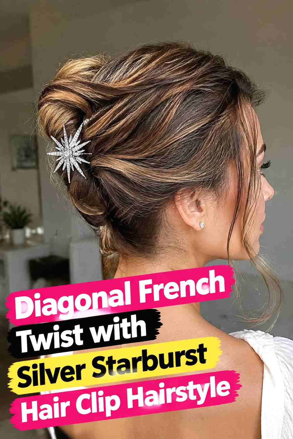 13. Diagonal French Twist With Silver Starburst Hair Clip Hairstyle