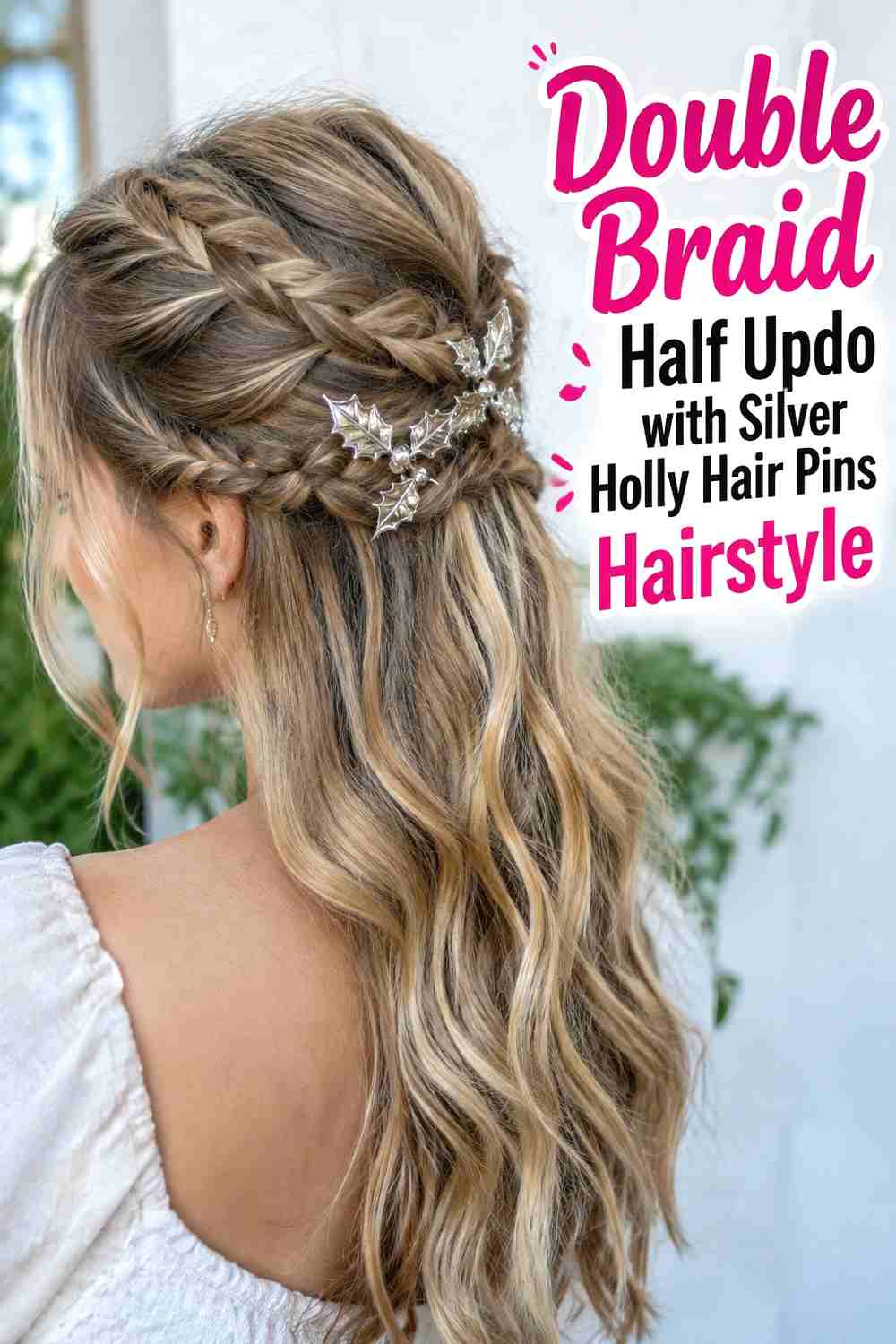 4. Double Braid Half Updo With Silver Holly Hair Pins Hairstyle