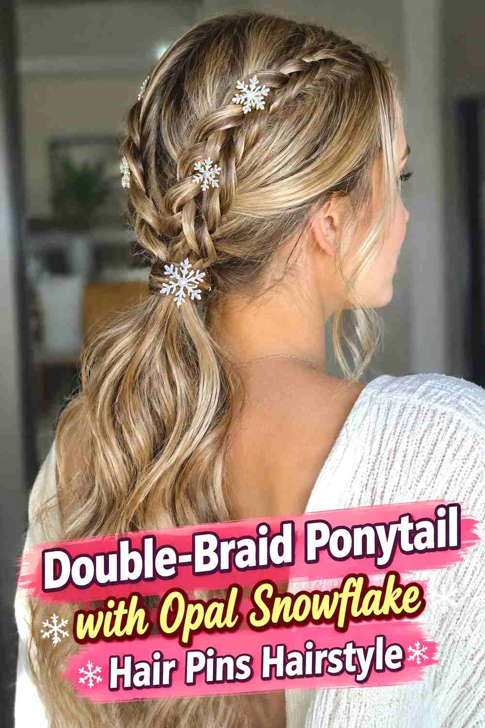7. Double Braid Ponytail With Opal Snowflake Hair Pins Hairstyle