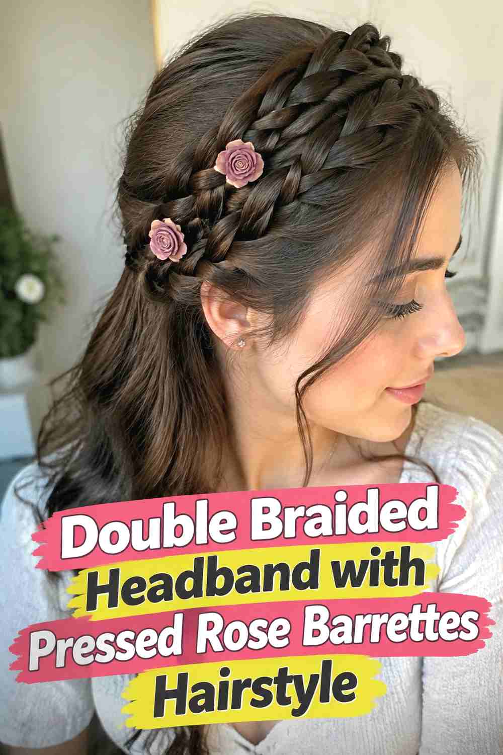 5. Double Braided Headband With Pressed Rose Barrettes Hairstyle