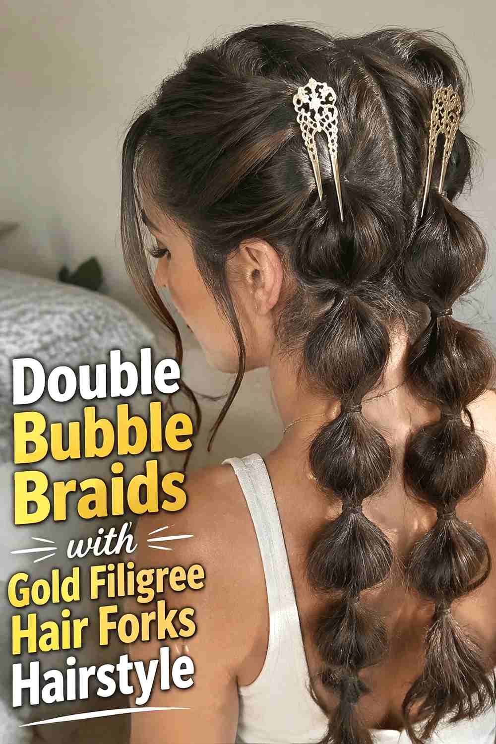 4. Double Bubble Braids With Gold Filigree Hair Forks Hairstyle