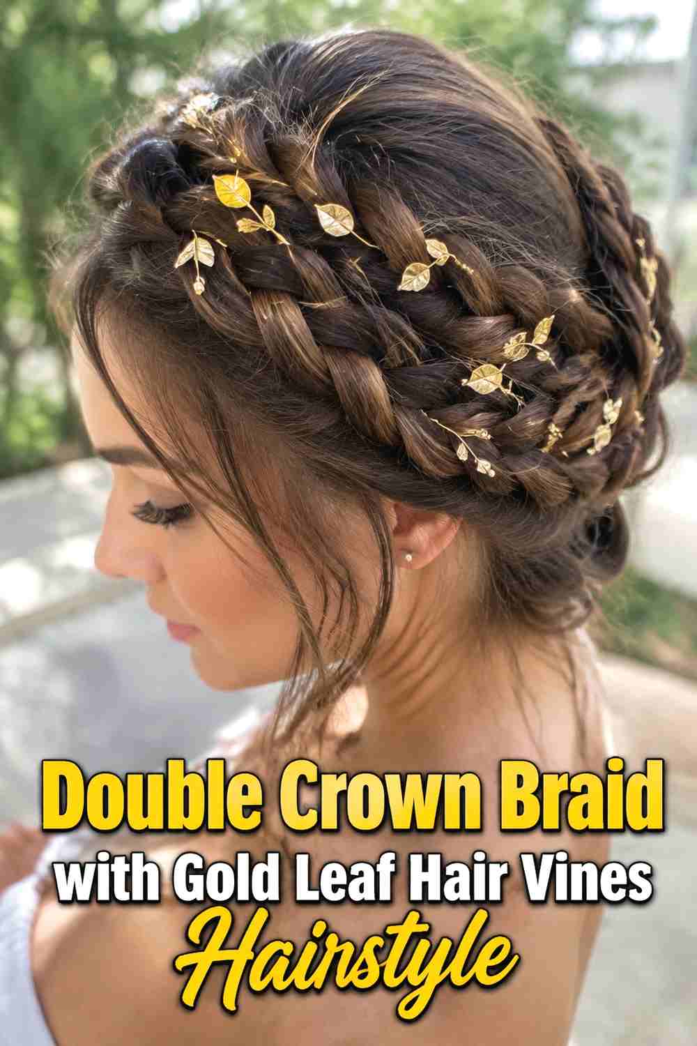 2. Double Crown Braid With Gold Leaf Hair Vines Hairstyle