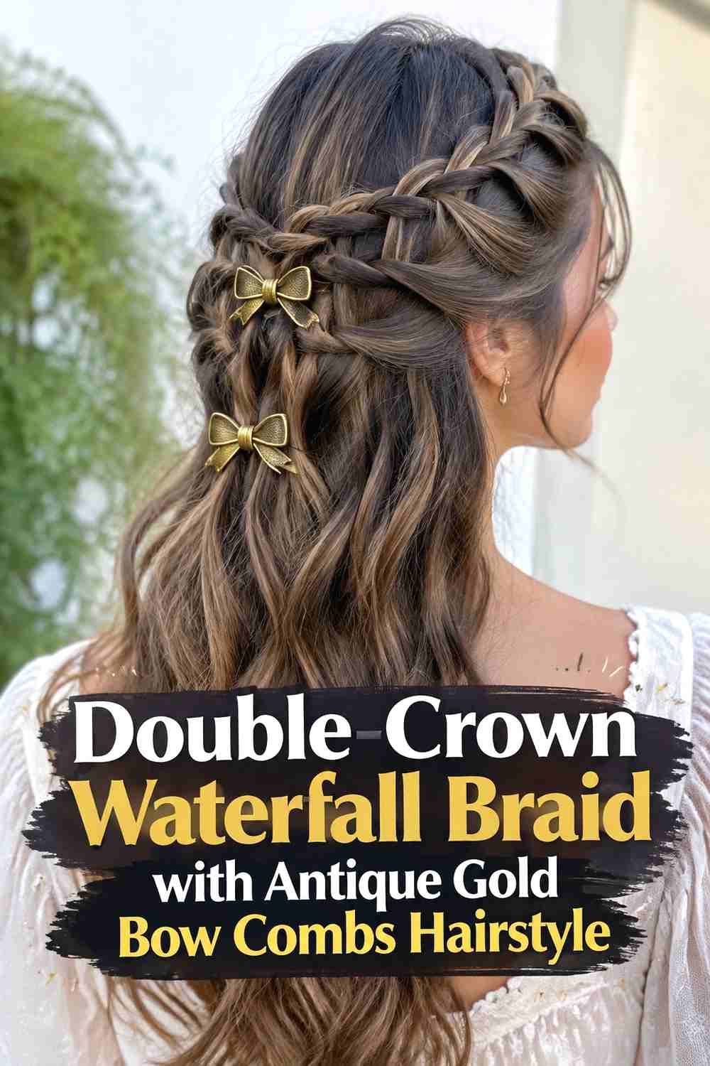 3. Double Crown Waterfall Braid With Antique Gold Bow Combs Hairstyle