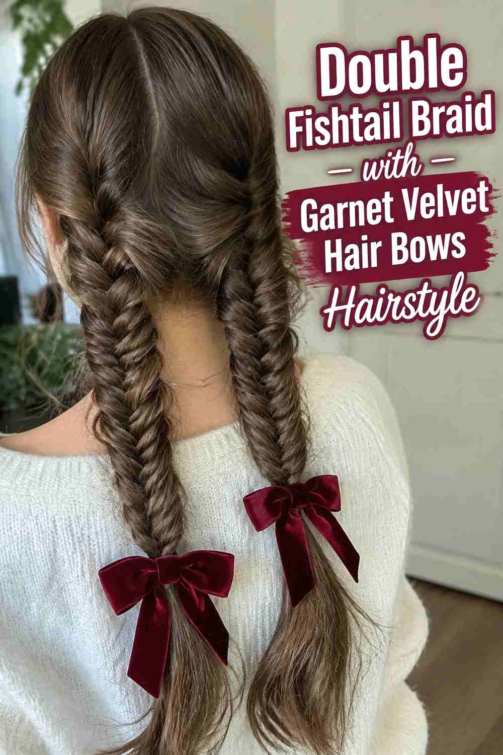 4. Double Fishtail Braid With Garnet Velvet Hair Bows Hairstyle