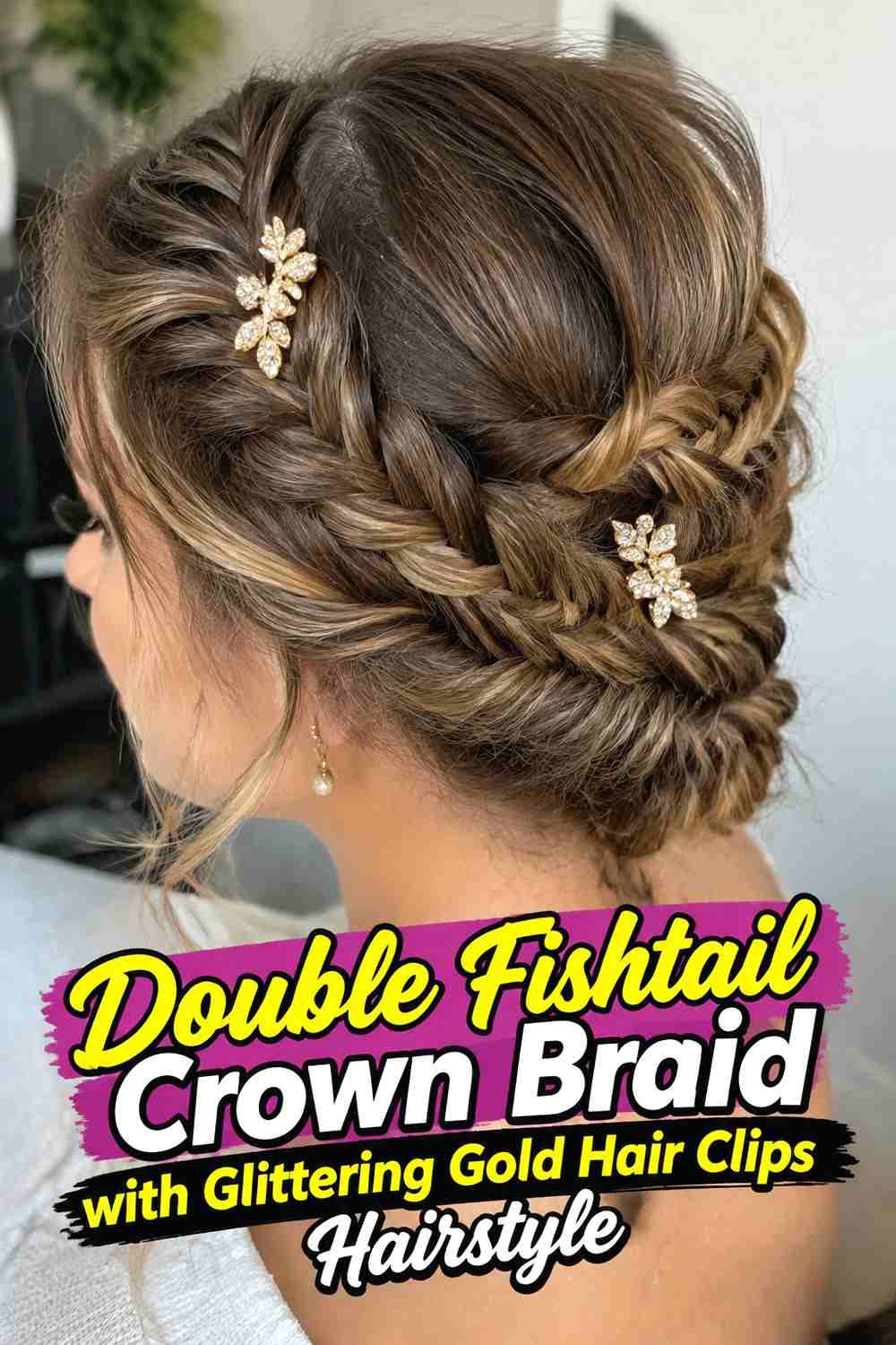3. Double Fishtail Crown Braid With Glittering Gold Hair Clips Hairstyle