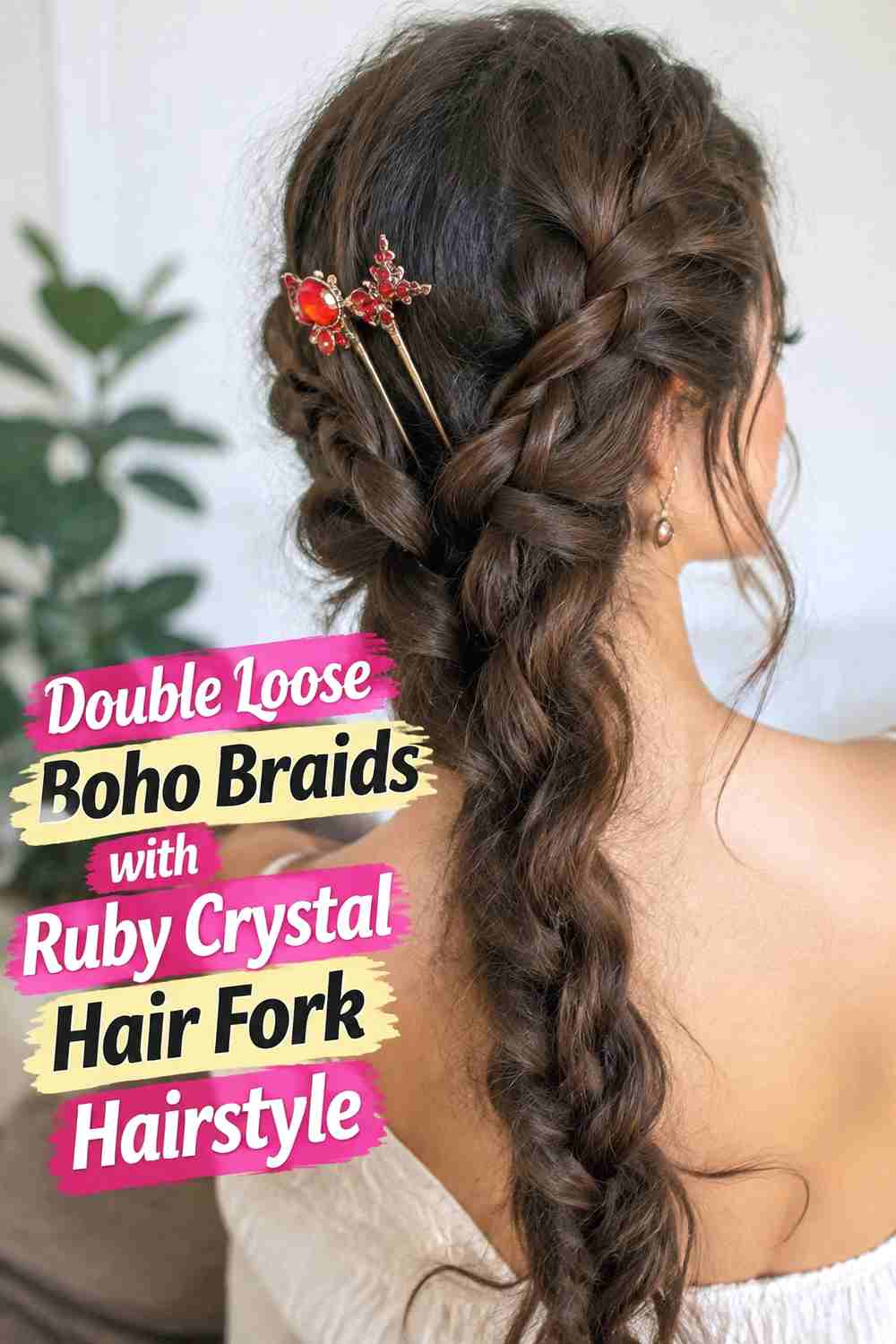 8. Double Loose Boho Braids With Ruby Crystal Hair Fork Hairstyle