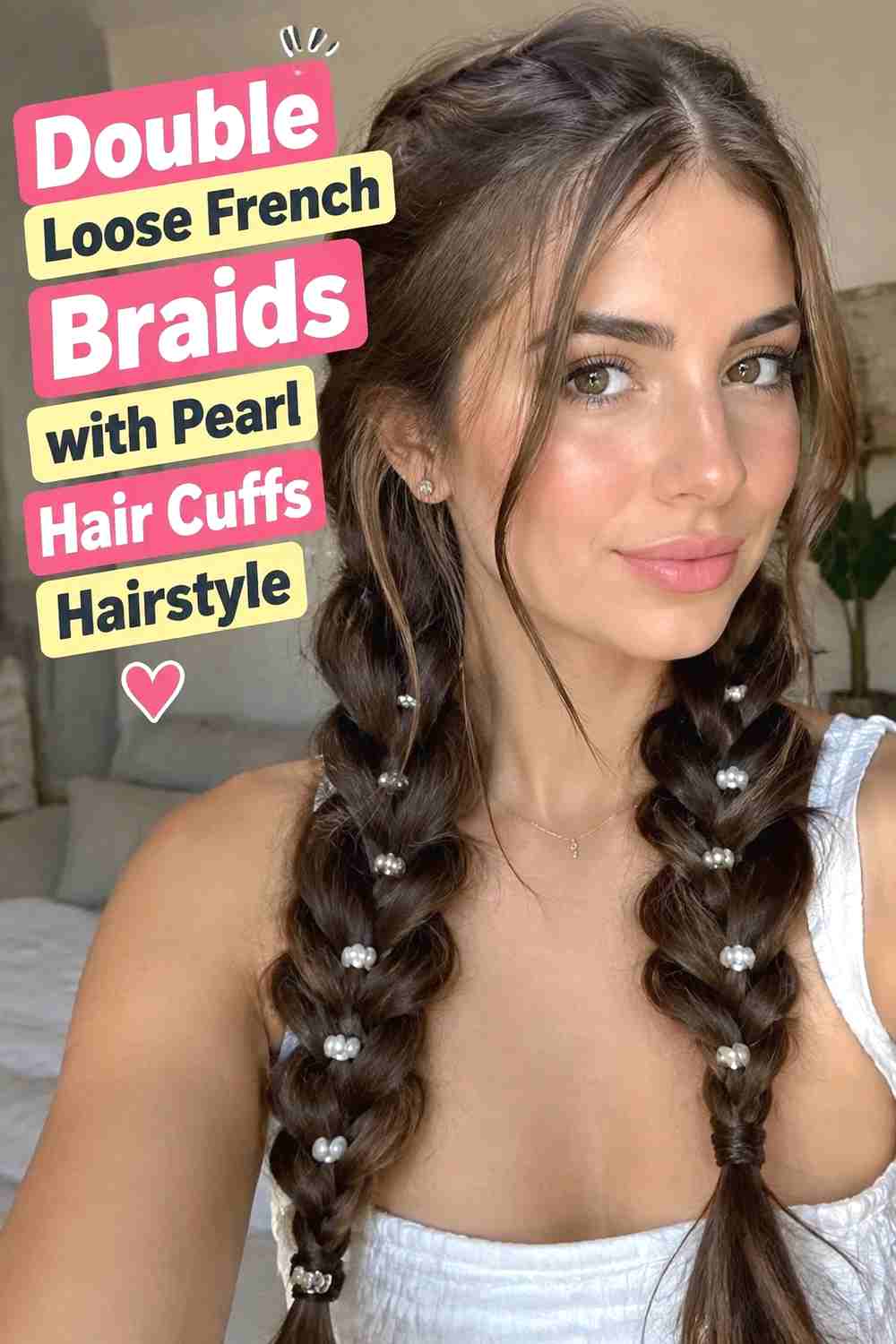 3. Double Loose French Braids With Pearl Hair Cuffs Hairstyle