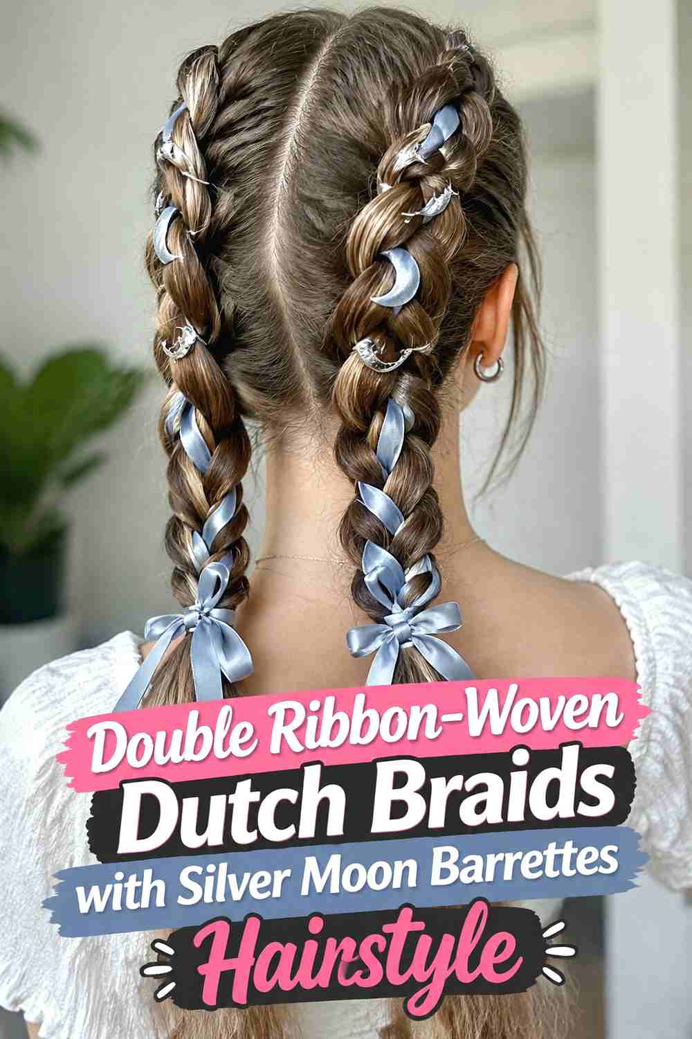 2. Double Ribbon Woven Dutch Braids With Silver Moon Barrettes Hairstyle
