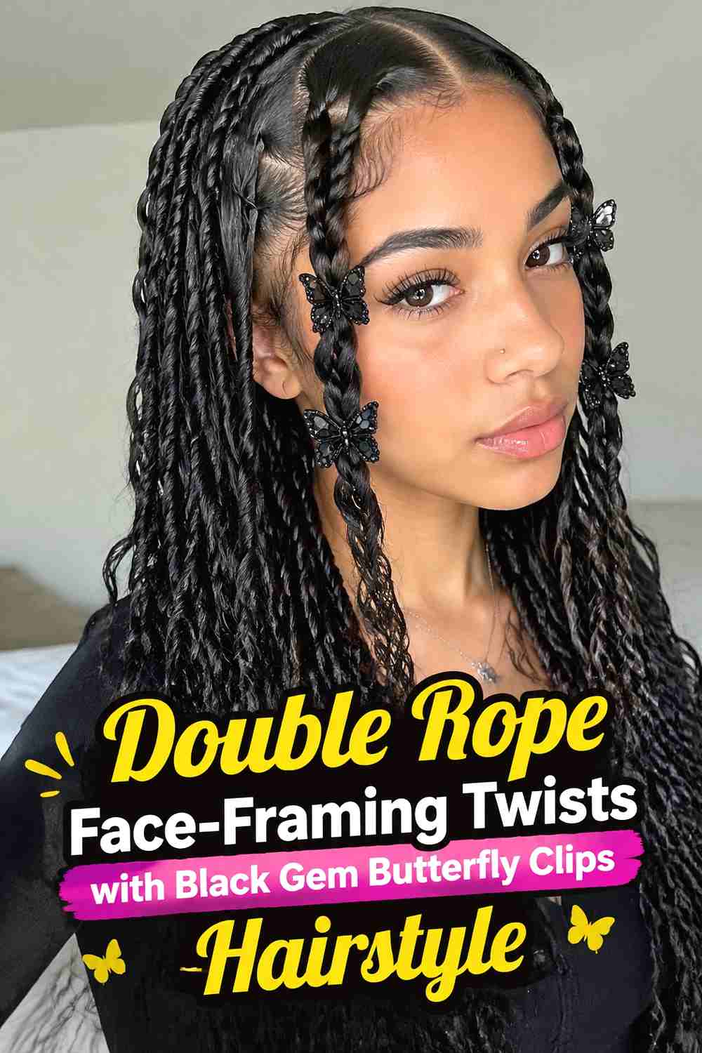 7. Double Rope Face Framing Twists With Black Gem Butterfly Clips Hairstyle