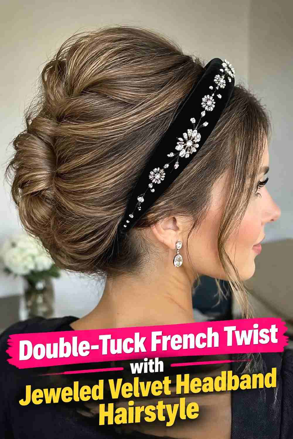 8. Double Tuck French Twist With Jeweled Velvet Headband Hairstyle
