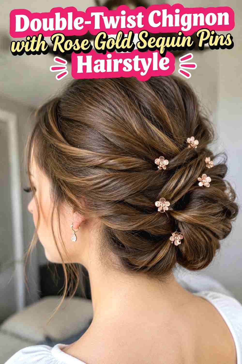 8. Double Twist Chignon With Rose Gold Sequin Pins Hairstyle