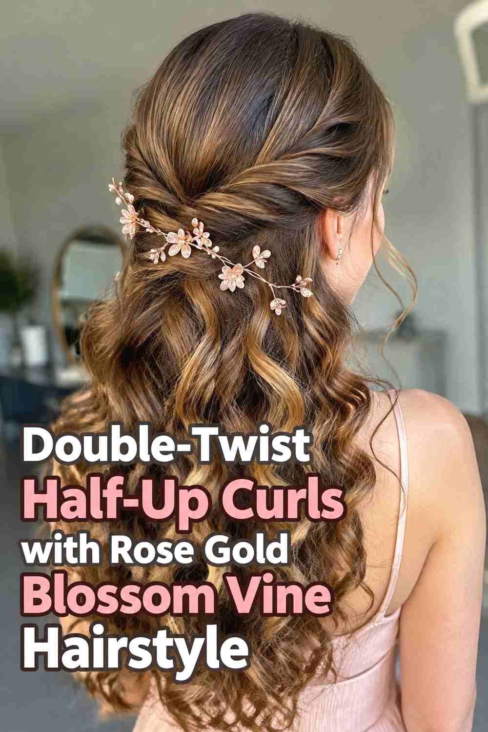 6. Double Twist Half Up Curls With Rose Gold Blossom Vine Hairstyle