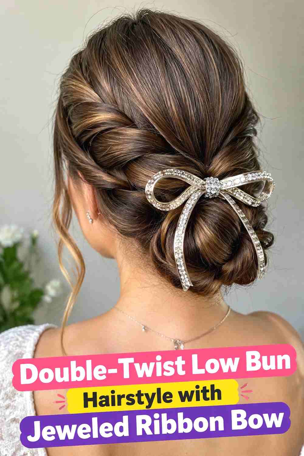 10. Double Twist Low Bun Hairstyle With Jeweled Ribbon Bow