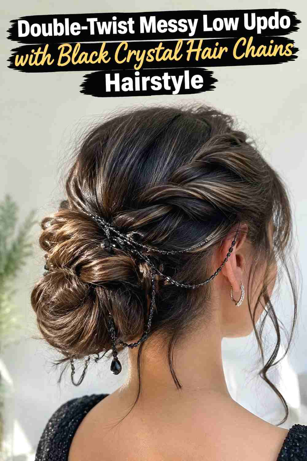 6. Double Twist Messy Low Updo With Black Crystal Hair Chains Hairstyle