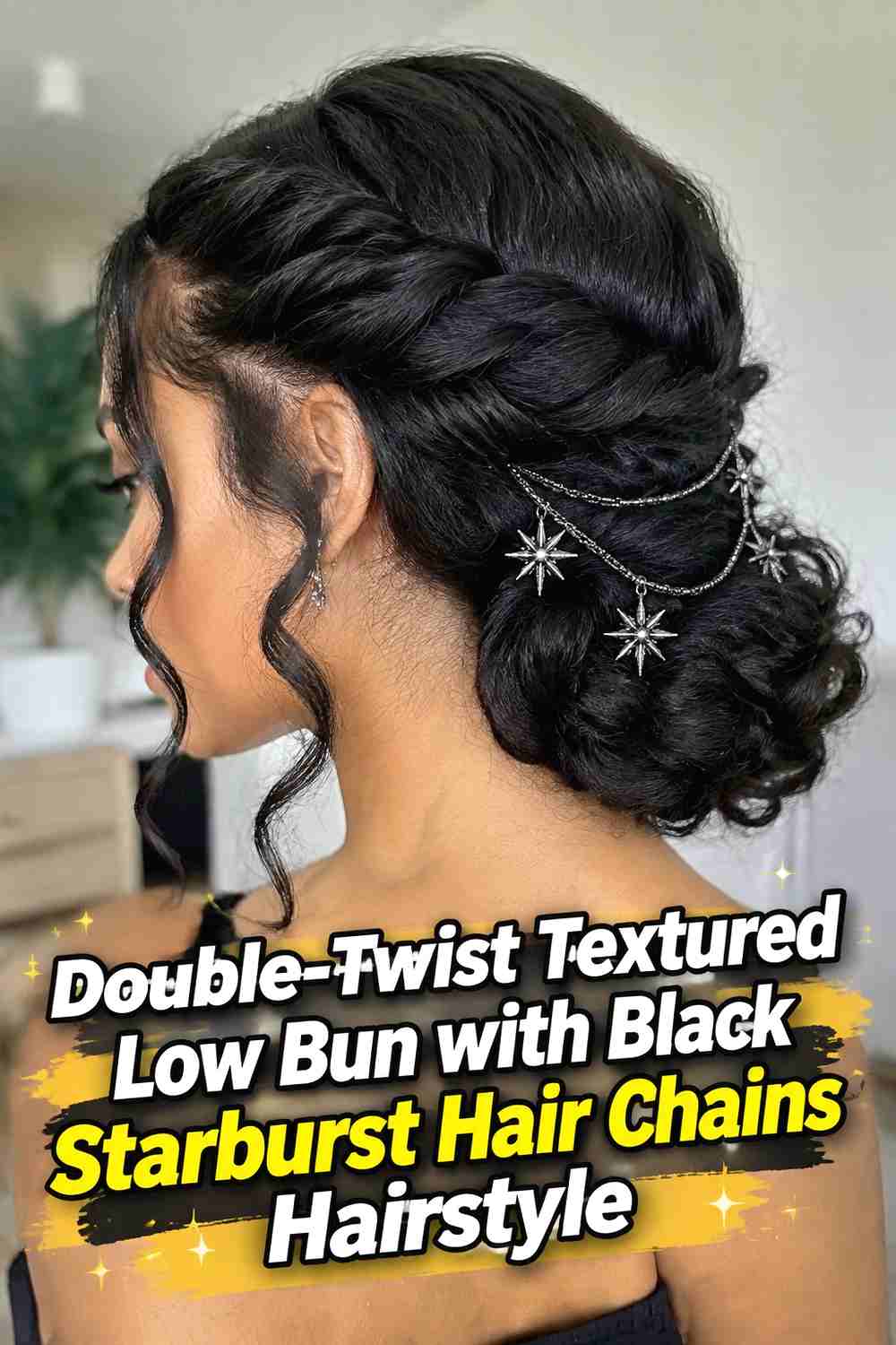 11. Double Twist Textured Low Bun With Black Starburst Hair Chains Hairstyle