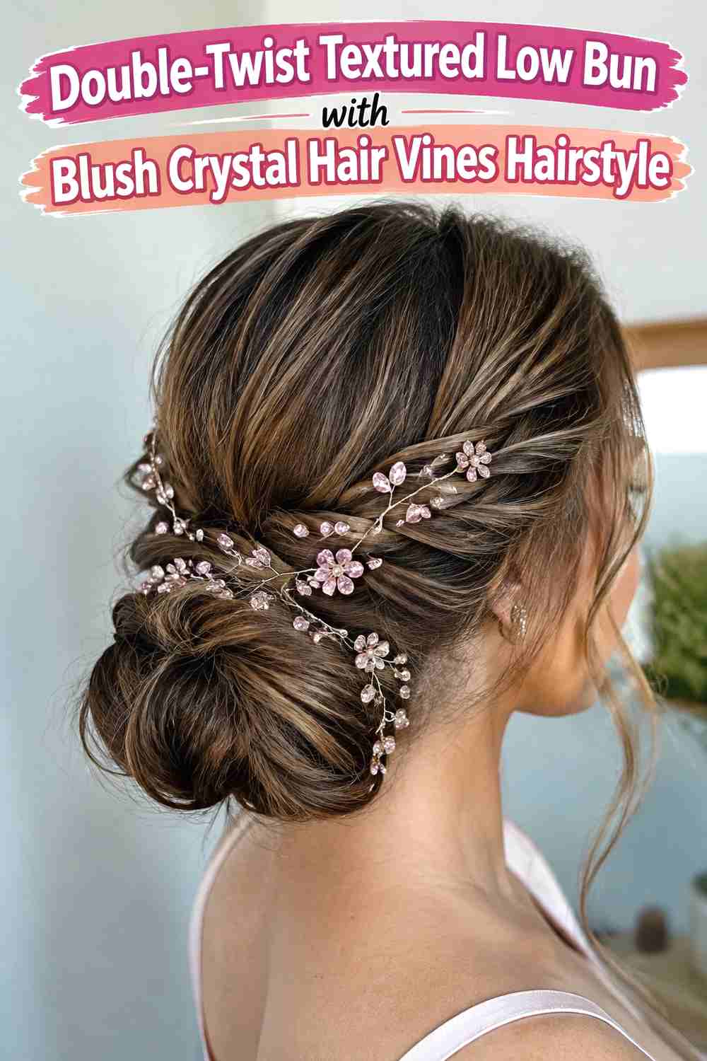 11. Double Twist Textured Low Bun With Blush Crystal Hair Vines Hairstyle