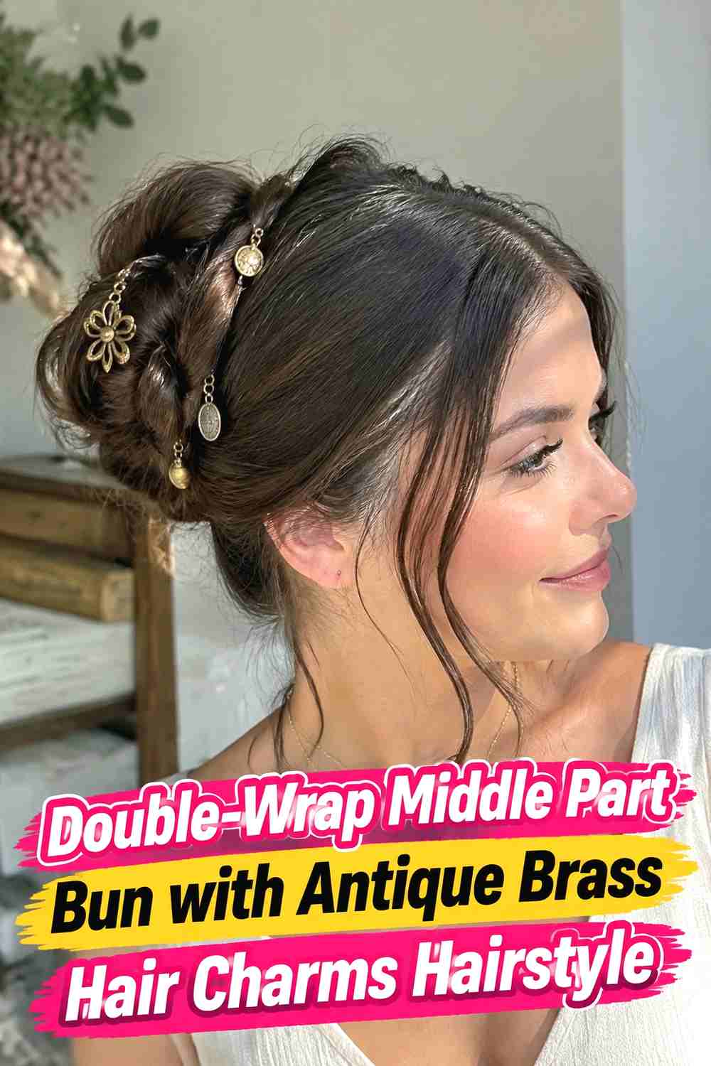 13. Double Wrap Middle Part Bun With Antique Brass Hair Charms Hairstyle