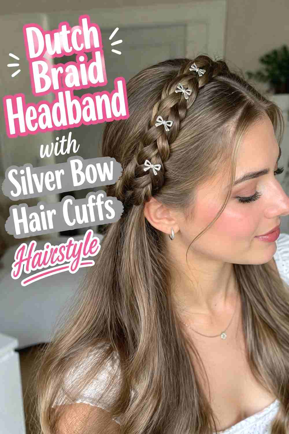 9. Dutch Braid Headband With Silver Bow Hair Cuffs Hairstyle