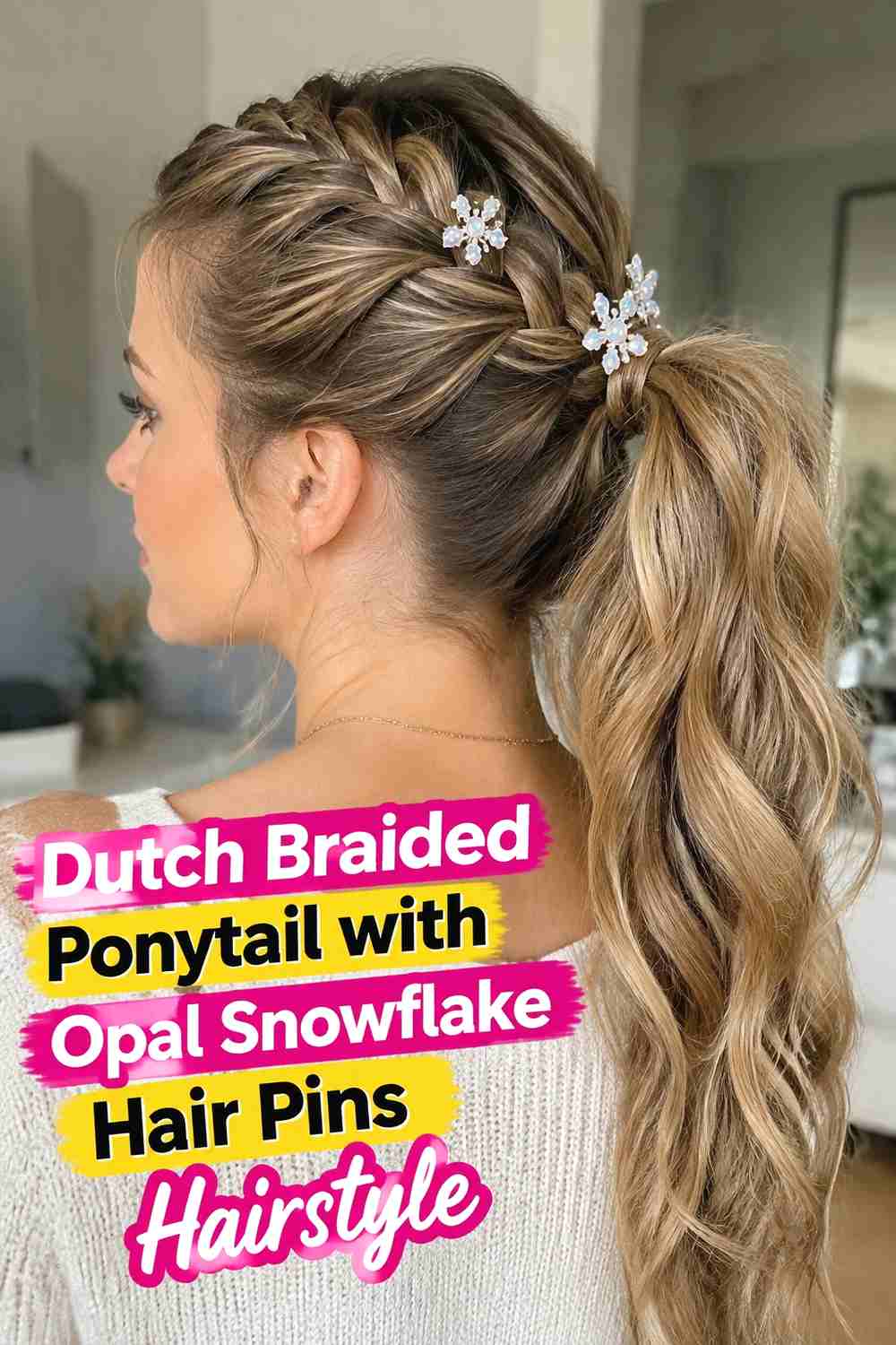 4. Dutch Braided Ponytail With Opal Snowflake Hair Pins Hairstyle