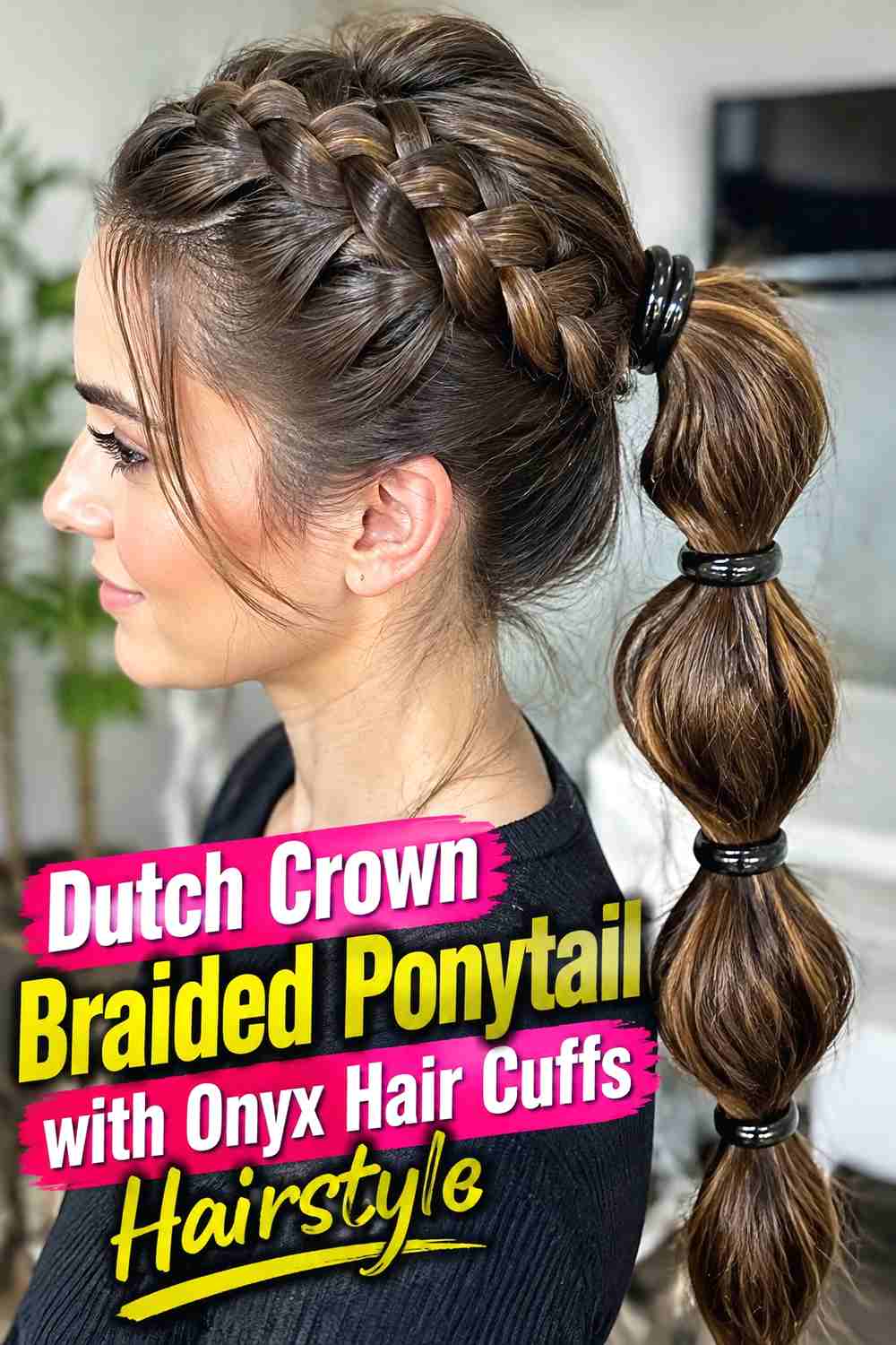 5. Dutch Crown Braided Ponytail With Onyx Hair Cuffs Hairstyle