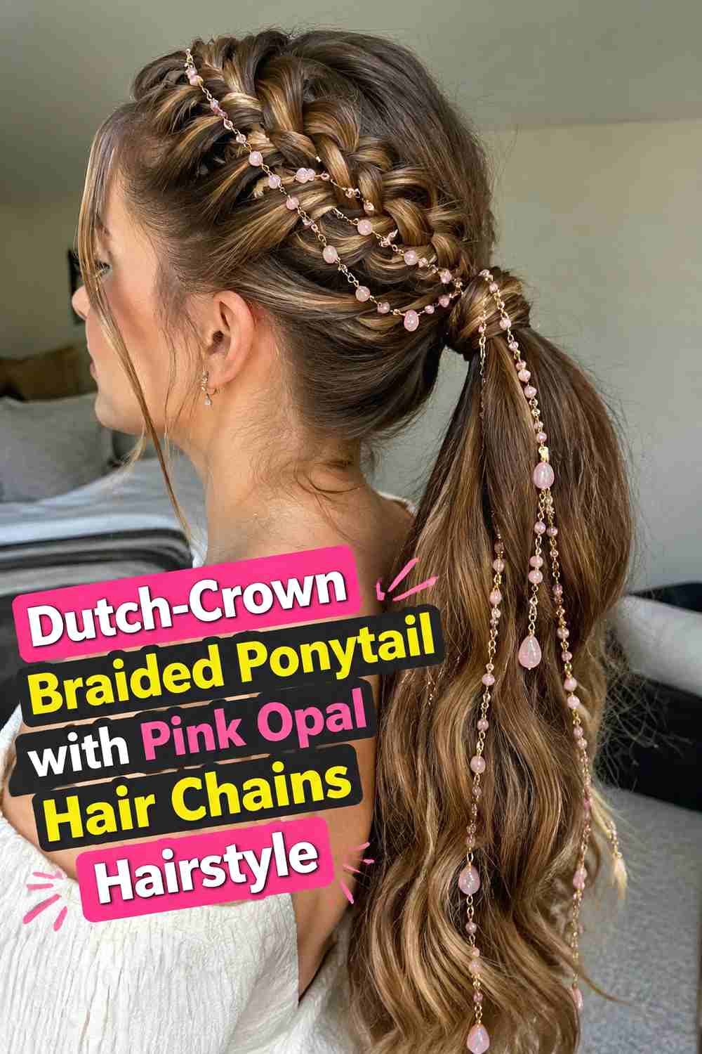 6. Dutch Crown Braided Ponytail With Pink Opal Hair Chains Hairstyle