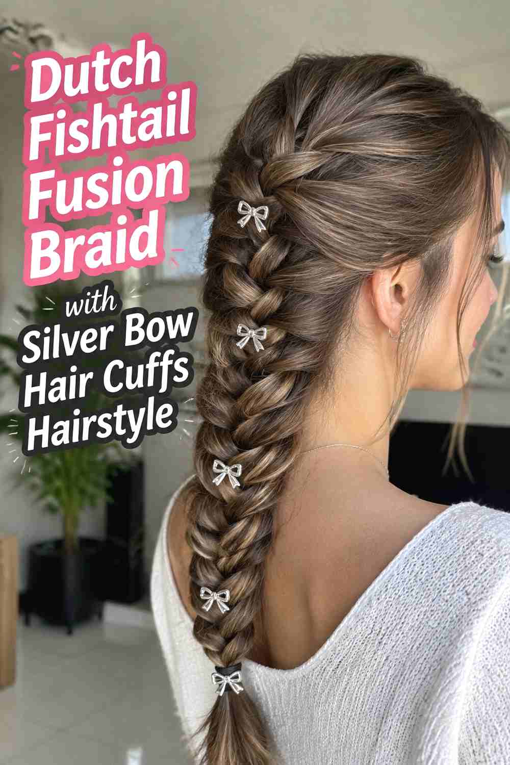 7. Dutch Fishtail Fusion Braid With Silver Bow Hair Cuffs Hairstyle