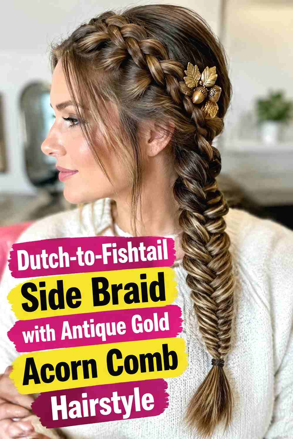 6. Dutch To Fishtail Side Braid With Antique Gold Acorn Comb Hairstyle