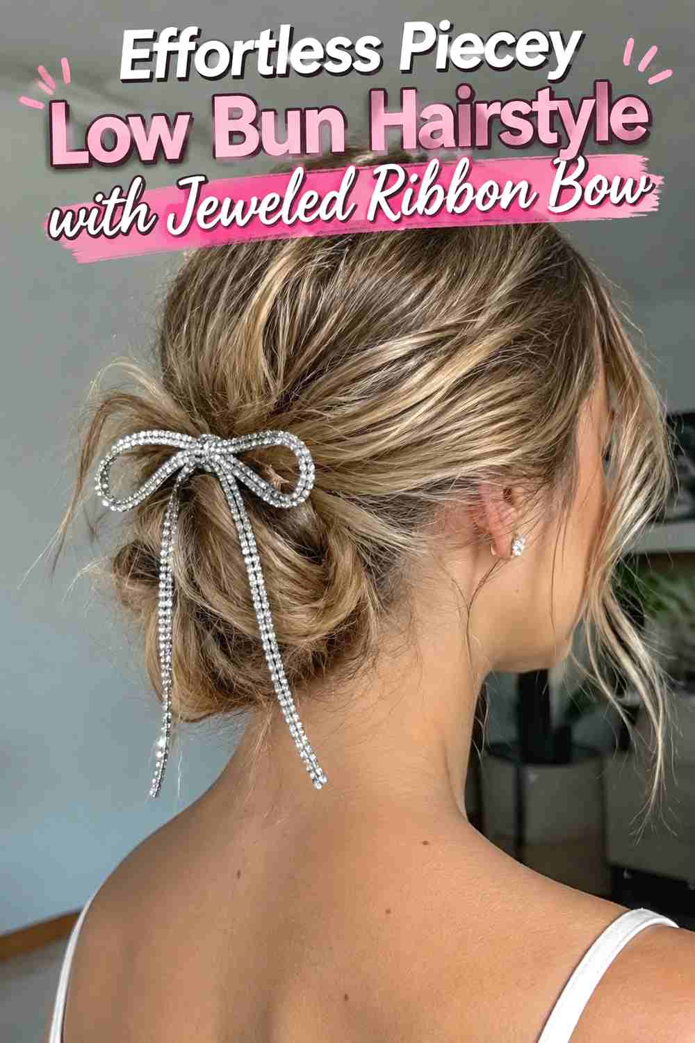 14. Effortless Piecey Low Bun Hairstyle With Jeweled Ribbon Bow