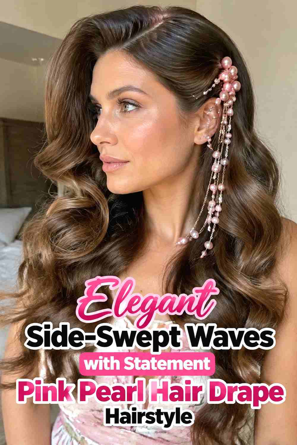 12. Elegant Side Swept Waves With Statement Pink Pearl Hair Drape Hairstyle
