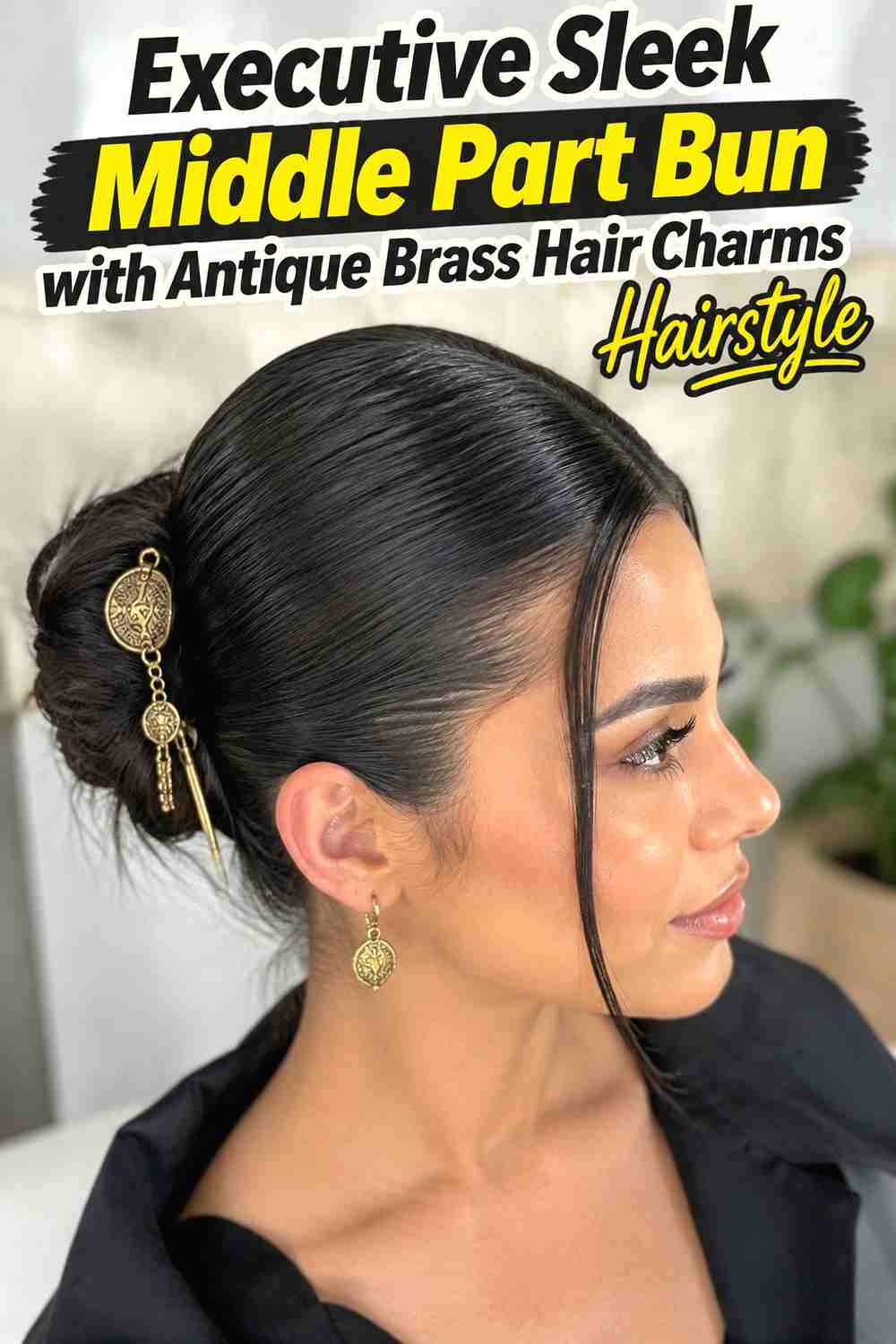 18. Executive Sleek Middle Part Bun With Antique Brass Hair Charms Hairstyle
