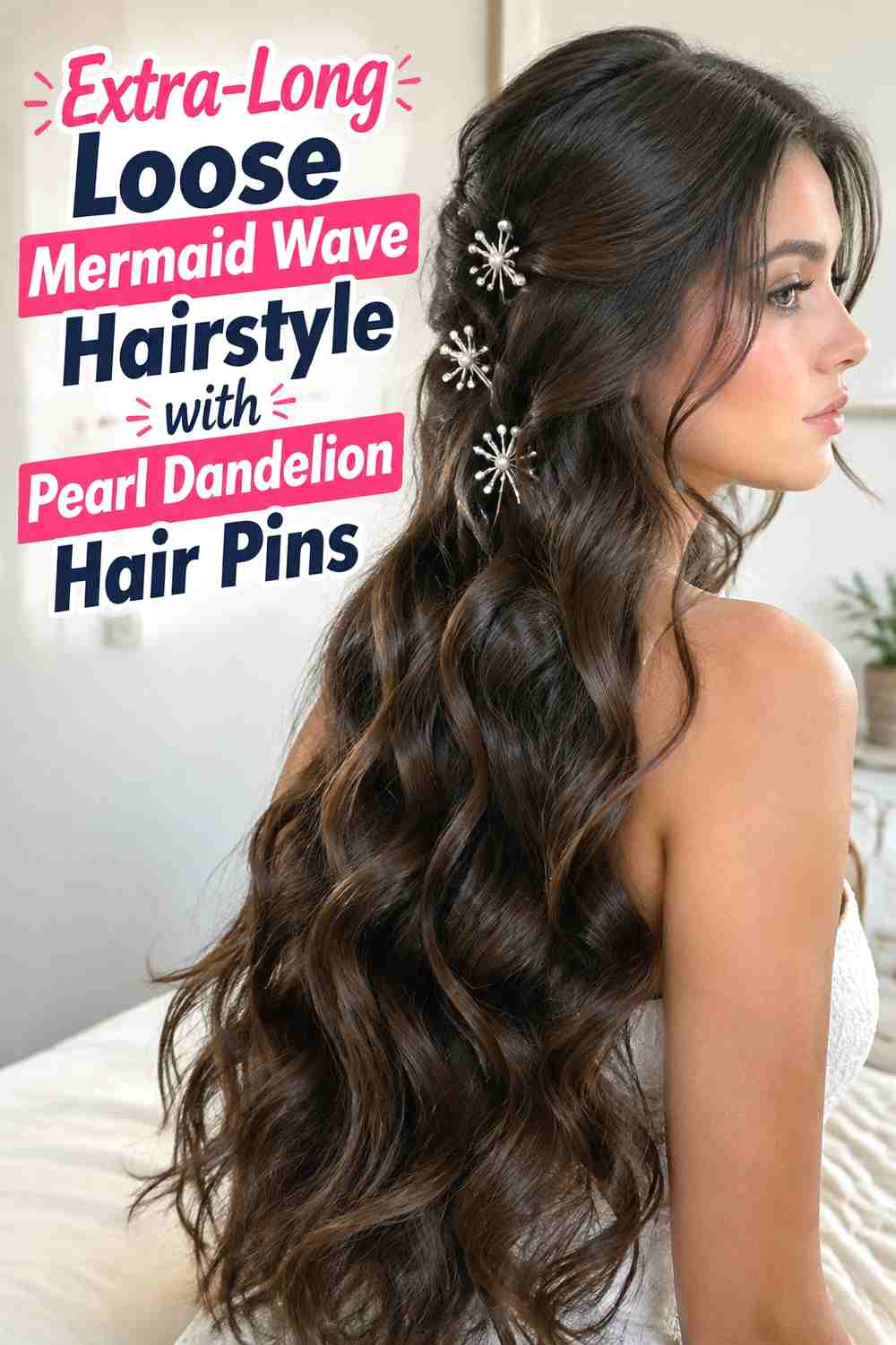 7. Extra Long Loose Mermaid Wave Hairstyle With Pearl Dandelion Hair Pins